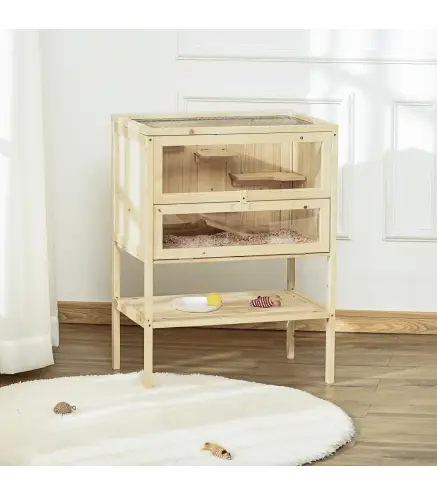 Jaula de Madera para Hámster Ratones Casa de Juegos con 5 Plataformas Rampa Techo Abatible Ventana Cristal Plástico y Estante In