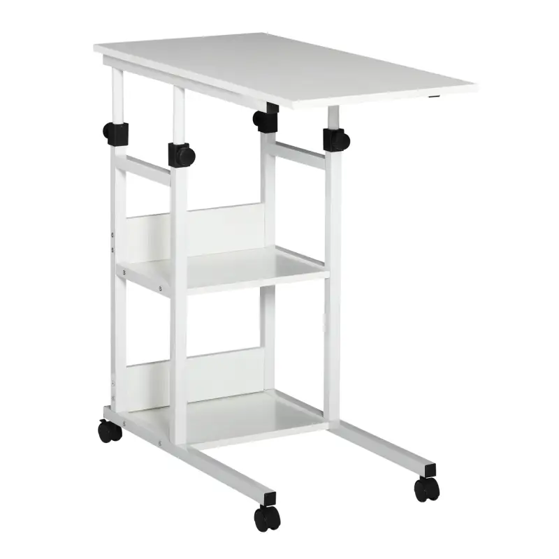 Mesa Auxiliar con Ruedas 80x40 cm Mesa para Sofá en Forma de C con Altura Ajustable 3 Niveles de 72-82 cm Marco de Metal para Sa
