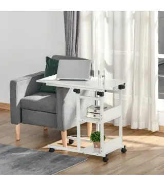 Mesa Auxiliar con Ruedas 80x40 cm Mesa para Sofá en Forma de C con Altura Ajustable 3 Niveles de 72-82 cm Marco de Metal