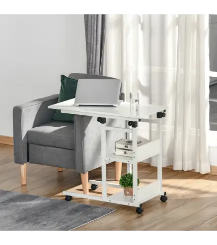 Mesa Auxiliar con Ruedas 80x40 cm Mesa para Sofá en Forma de C con Altura Ajustable 3 Niveles de 72-82 cm Marco de Metal para Sa