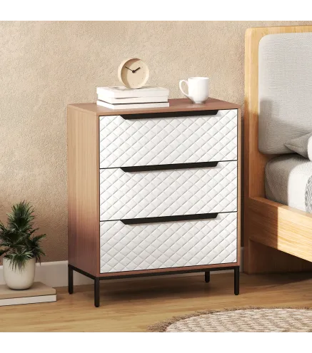Cómoda con 3 Cajones de Tela Frentes con Patrón de Diamante para Salón Oficina Vestidor Natural y Blanco