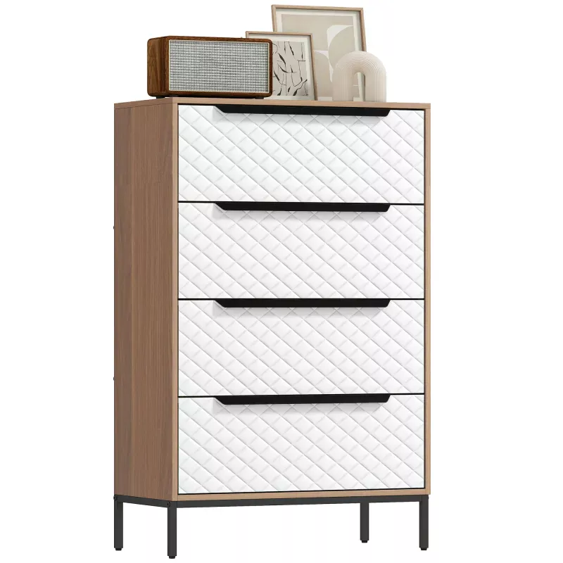 Cómoda con 4 Cajones de Tela Frentes con Patrón de Diamante para Salón Oficina Vestidor Natural y Blanco Cómoda con 4 Cajones de Tela Frentes con Patrón de Diamante para Salón Oficina Vestidor Natural y Blanco