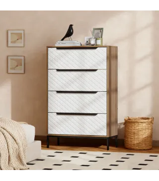 Cómoda con 4 Cajones de Tela Frentes con Patrón de Diamante para Salón Oficina Vestidor Natural y Blanco