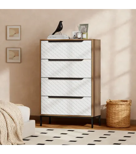 Cómoda con 4 Cajones de Tela Frentes con Patrón de Diamante para Salón Oficina Vestidor Natural y Blanco
