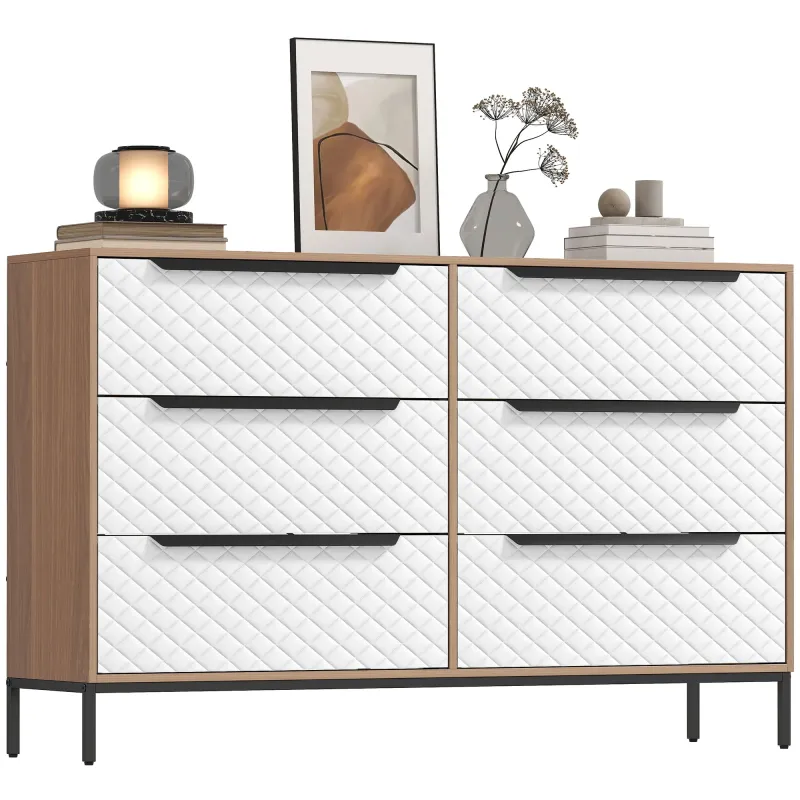 Cómoda con 6 Cajones de Tela Frentes con Patrón de Diamante para Salón Oficina Vestidor Natural y Blanco