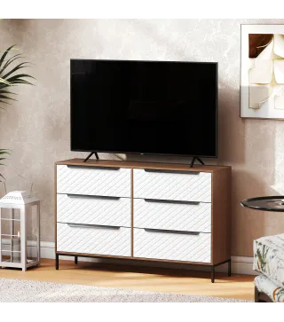 Cómoda con 6 Cajones de Tela Frentes con Patrón de Diamante para Salón Oficina Vestidor Natural y Blanco