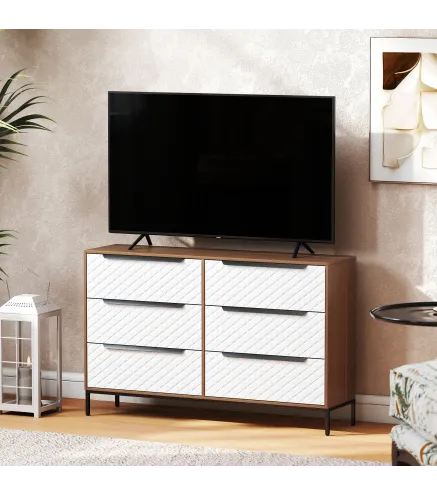 Cómoda con 6 Cajones de Tela Frentes con Patrón de Diamante para Salón Oficina Vestidor Natural y Blanco