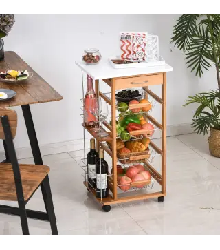 Carrito de Cocina con Ruedas Carro Multiusos con Cajón 4 Cestas Extraíbles de Metal y Bastidores 47x37x83 cm Natural