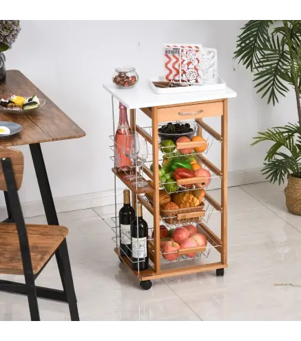 Carrito de Cocina con Ruedas Carro Multiusos con Cajón 4 Cestas Extraíbles de Metal y Bastidores 47x37x83 cm Natural