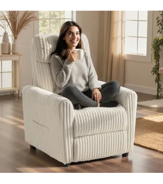 Sillón Relax Reclinable Manual Tapizado en Pana Instalación Rápida Reposapiés Acolchado Grueso Crema