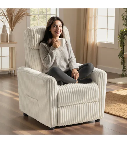 Sillón Relax Reclinable Manual Tapizado en Pana Instalación Rápida Reposapiés Acolchado Grueso Crema