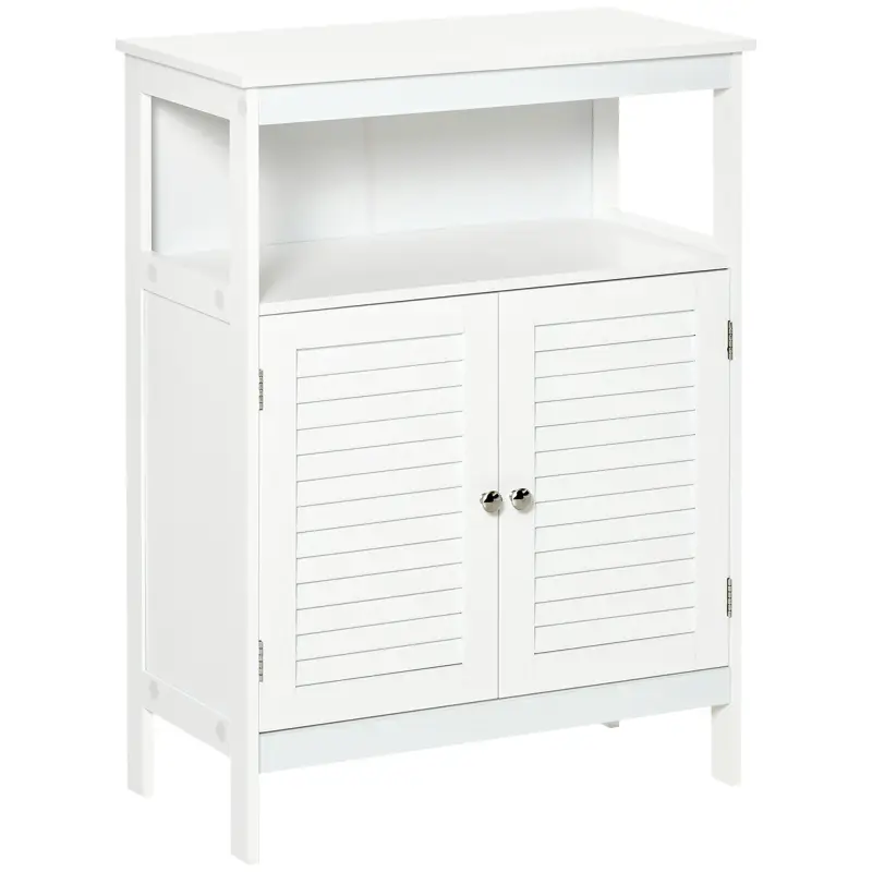 Mueble Auxiliar de Baño Armario para Baño con 2 Puertas de Persianas Estante Abierto Gran Espacio de Almacenamiento Diseño Moder Mueble Auxiliar de Baño Armario para Baño con 2 Puertas de Persianas Estante Abierto Gran Espacio de Almacenamiento Diseño Moder