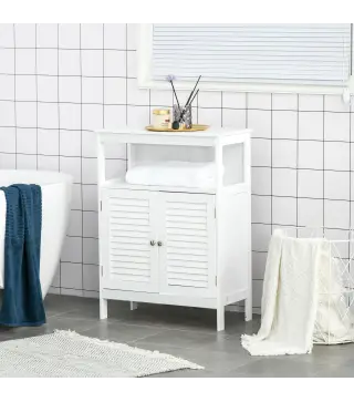 Mueble Auxiliar de Baño Armario para Baño con 2 Puertas de Persianas Estante Abierto Gran Espacio de Almacenamiento Dise