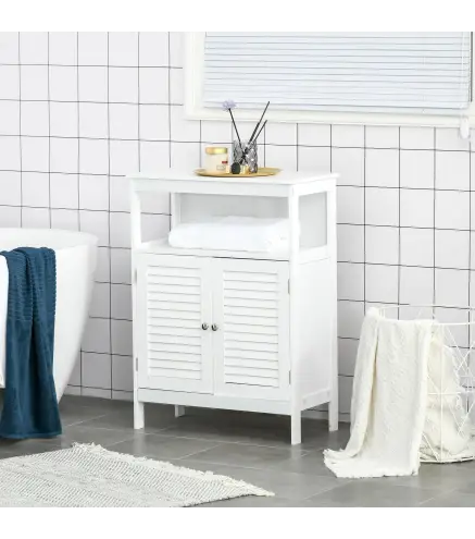 Mueble Auxiliar de Baño Armario para Baño con 2 Puertas de Persianas Estante Abierto Gran Espacio de Almacenamiento Dise