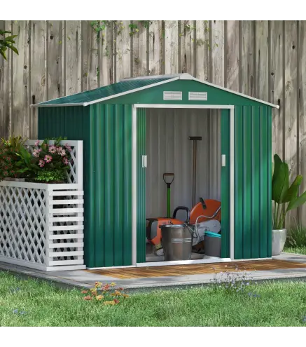 Caseta de Jardín 213x130x185 cm Cobertizo Metálico de Exterior para Almacenamiento de Herramientas Verde Oscuro
