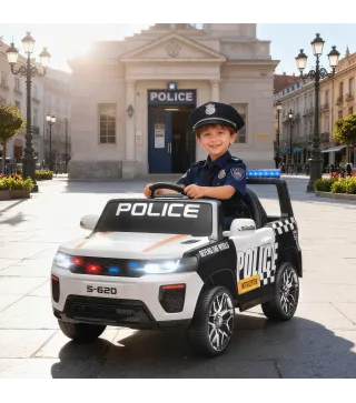 Coche Eléctrico para Niños de Policía con Mando a Distancia Motor Doble Sirena Suspensión en 4 Ruedas y Faros Blanco