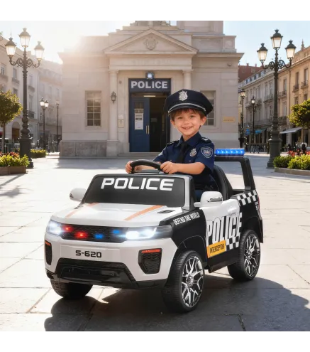 Coche Eléctrico para Niños de Policía con Mando a Distancia Motor Doble Sirena Suspensión en 4 Ruedas y Faros Blanco