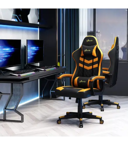 Silla Gaming Altura Regulable Basculante con Reposacabezas Cojín Lumbar 61x70x121-129 cm Naranja