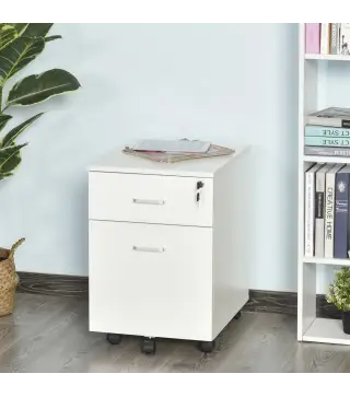 Cajonera de Oficina con Ruedas Mueble Archivador con 2 Cajones para Documentos en Tamaño A4 Cerradura 40x49x58 cm Blanco