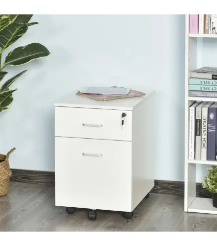 Cajonera de Oficina con Ruedas Mueble Archivador con 2 Cajones para Documentos en Tamaño A4 Cerradura 40x49x58 cm Blanco