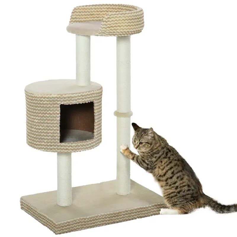 Árbol Rascador para Gatos Árbol de Actividades para Gatos con Cueva de Felpa Postes de Yute Plataforma Cómoda 61x41x96 cm Beige