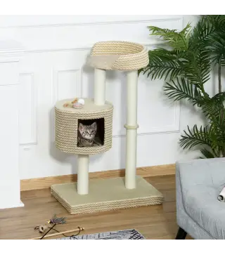 Árbol Rascador para Gatos Árbol de Actividades para Gatos con Cueva de Felpa Postes de Yute Plataforma Cómoda 61x41x96 cm Beige