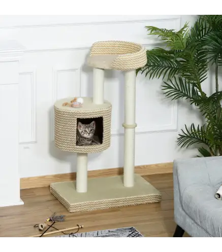 Árbol Rascador para Gatos Árbol de Actividades para Gatos con Cueva de Felpa Postes de Yute Plataforma Cómoda 61x41x96 cm Beige