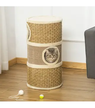 Tonel Rascador para Gatos con 3 Niveles Barril de Rascado con Plataforma Cama Cómoda Ø37,5x70 cm Marrón Claro y Beige