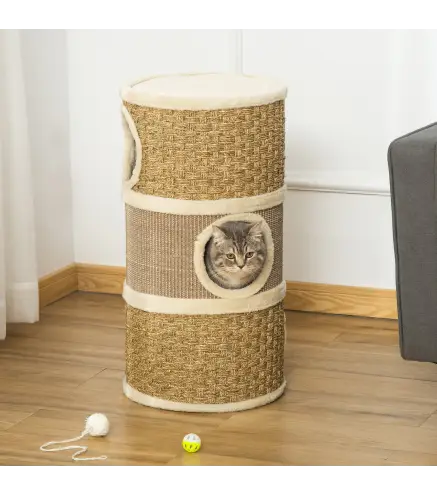 Tonel Rascador para Gatos con 3 Niveles Barril de Rascado con Plataforma Cama Cómoda Ø37,5x70 cm Marrón Claro y Beige