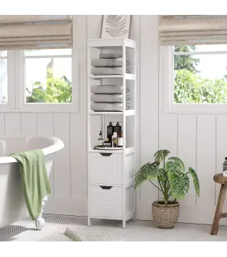 Mueble Columna con 3 Estantes Abiertos y 2 Cajones de Almacenaje Diseño Antivuelco 30x30x144 cm Blanco