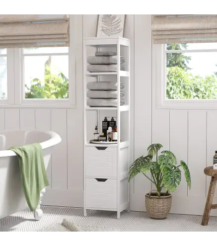 Mueble Columna con 3 Estantes Abiertos y 2 Cajones de Almacenaje Diseño Antivuelco 30x30x144 cm Blanco