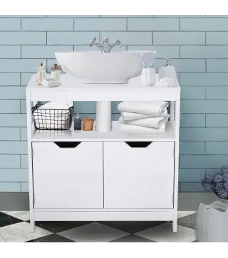 Armario para Debajo de Lavabo Gabinete de Baño con Estante 2 Puerta de Almacenamiento Dispositivo Antivuelco Resistente