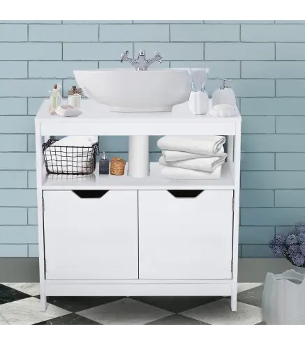 Armario para Debajo de Lavabo Gabinete de Baño con Estante 2 Puerta de Almacenamiento Dispositivo Antivuelco Resistente a la Hum