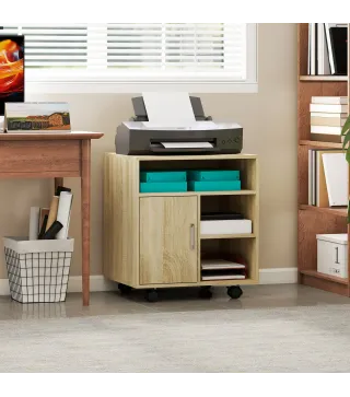 Mueble para Impresora con Ruedas Multifuncional con Estantes con Amplio Espacio de Almacenaje 60x50x65,5 cm Natural
