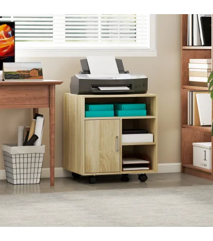 Mueble para Impresora con Ruedas Multifuncional con Estantes con Amplio Espacio de Almacenaje 60x50x65,5 cm Natural
