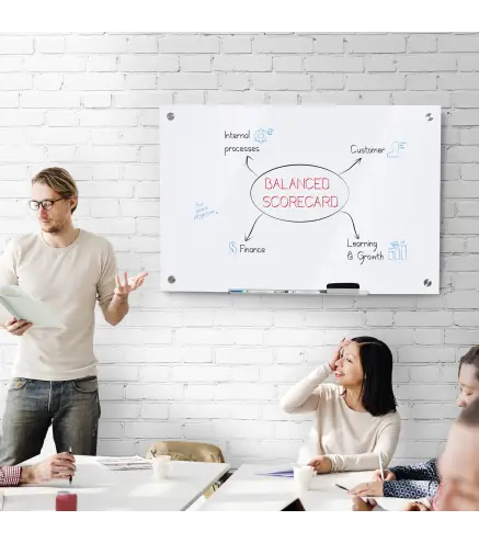 Pizarra de Cristal con Bandeja Pizarra de Pared sin Marco Incluye 4 Rotuladores y Borrador 90x60x0,45 cm Blanco