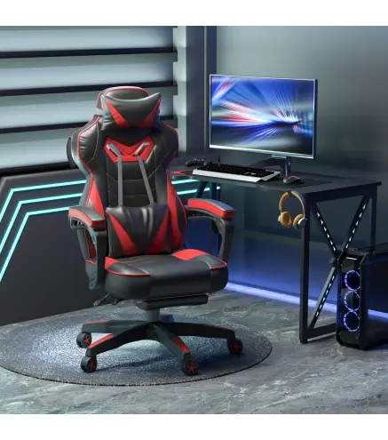 Silla Gaming Ergonómica Silla de Escritorio de Oficina Regulable en Altura Reclinable Respaldo 65x70x118,5-128,5cm Rojo