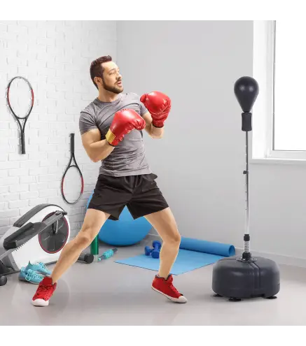Saco de Boxeo de Pie con Altura Ajustable en 136-154 cm y Base Rellenable Pera de Boxeo con Soporte y Guantes Negro