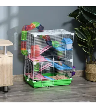 Jaula para Hámster de 5 Niveles, Casa para Roedores Pequeños con Túnel, Plataformas, Cuenco, Bebedero, Casita, Rampas y Rueda de