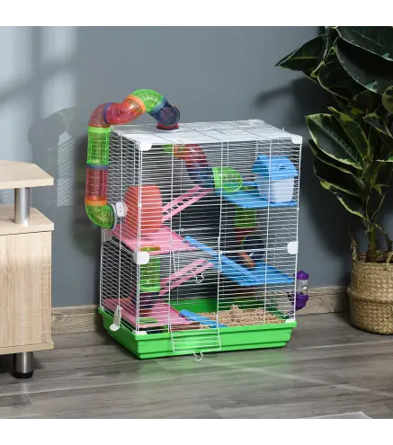 Jaula para Hámster de 5 Niveles, Casa para Roedores Pequeños con Túnel, Plataformas, Cuenco, Bebedero, Casita, Rampas y Rueda de
