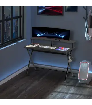 Mesa Gaming 140x60 cm Escritorio para Computadora PC con Estante Elevado para Monitor Gancho para Auriculares Negro