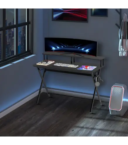 Mesa Gaming 140x60 cm Escritorio para Computadora PC con Estante Elevado para Monitor Gancho para Auriculares Negro