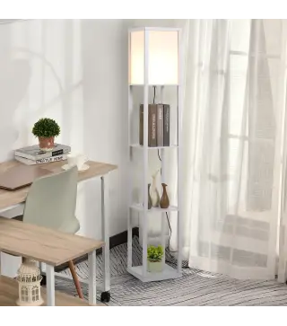 Lámpara de Pie con Estantes de Almacenaje, Lámpara de Madera Moderna, Bombilla E27, para Salón, Dormitorio, Oficina, Bla