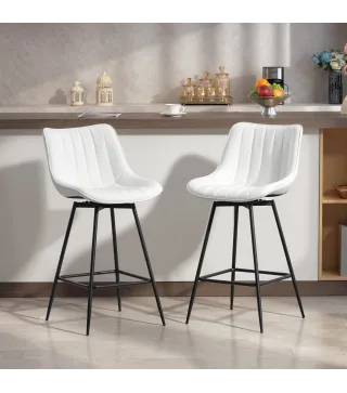 Juego de 2 Taburetes de Bar, Sillas de Bar Giratorio 360° Tapizado en Cuero Sintético con Respaldo y Reposapiés Blanco