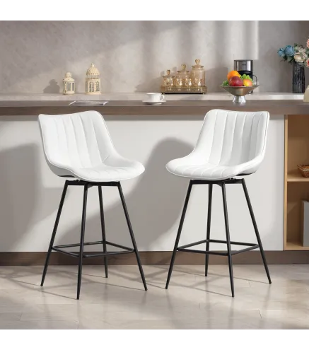 Juego de 2 Taburetes de Bar, Sillas de Bar Giratorio 360° Tapizado en Cuero Sintético con Respaldo y Reposapiés Blanco