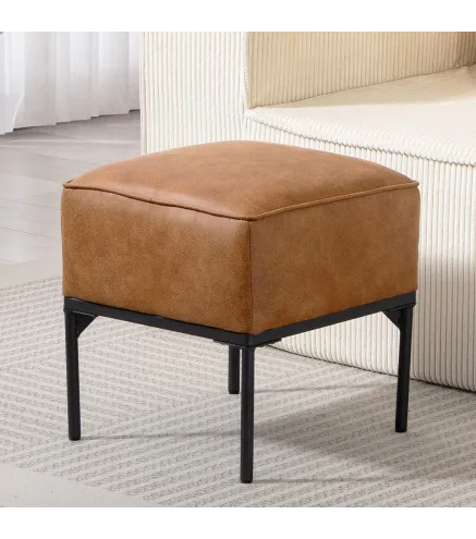 Reposapiés Salón Taburete Bajo Tapizado en PU con Patas de Acero Acolchado Grueso Otomana para Sofá Marrón