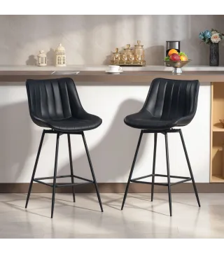 Juego de 2 Taburetes de Bar, Sillas de Bar Giratorio 360° Tapizado en Cuero Sintético con Respaldo y Reposapiés Negro