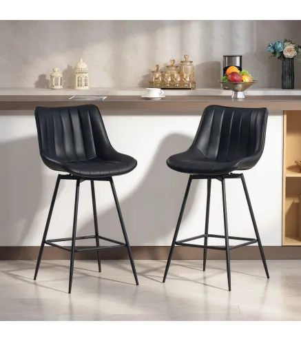 Juego de 2 Taburetes de Bar, Sillas de Bar Giratorio 360° Tapizado en Cuero Sintético con Respaldo y Reposapiés Negro