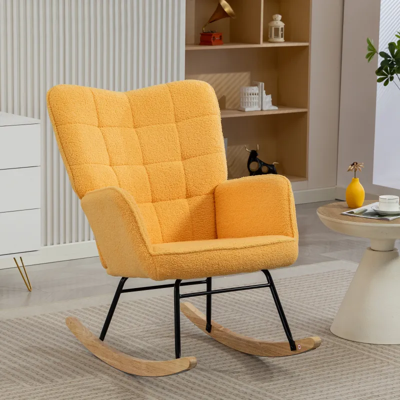 Silla Mecedora de Borreguito Sillón Balancín Oscilante 40° con Patas de Madera de Haya Carga 120 kg 71x98x101cm Amarillo