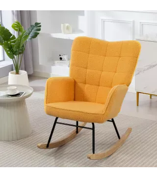 Silla Mecedora de Borreguito Sillón Balancín Oscilante 40° con Patas de Madera de Haya Carga 120 kg 71x98x101cm Amarillo
